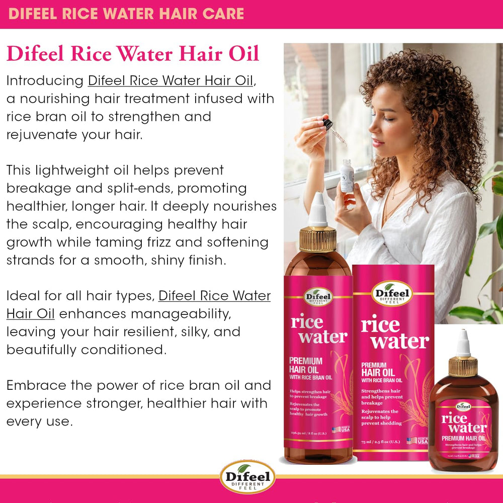 Difeel Rice Water Hair Oil applying on strands for frizz control and shine.