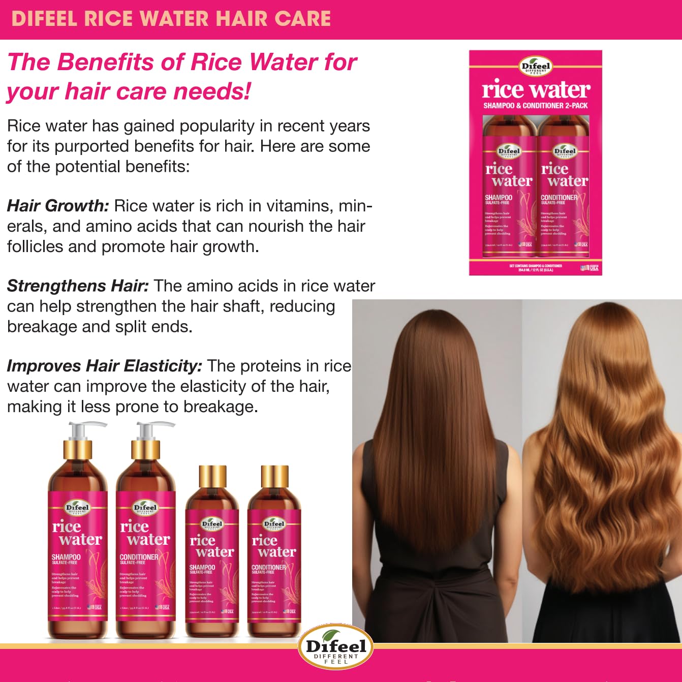 Rice water ingredient focus panel highlighting nourishing properties.