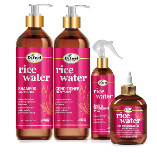 Difeel Rice Water Shampoo bottle shows 338 oz for stronger hair.