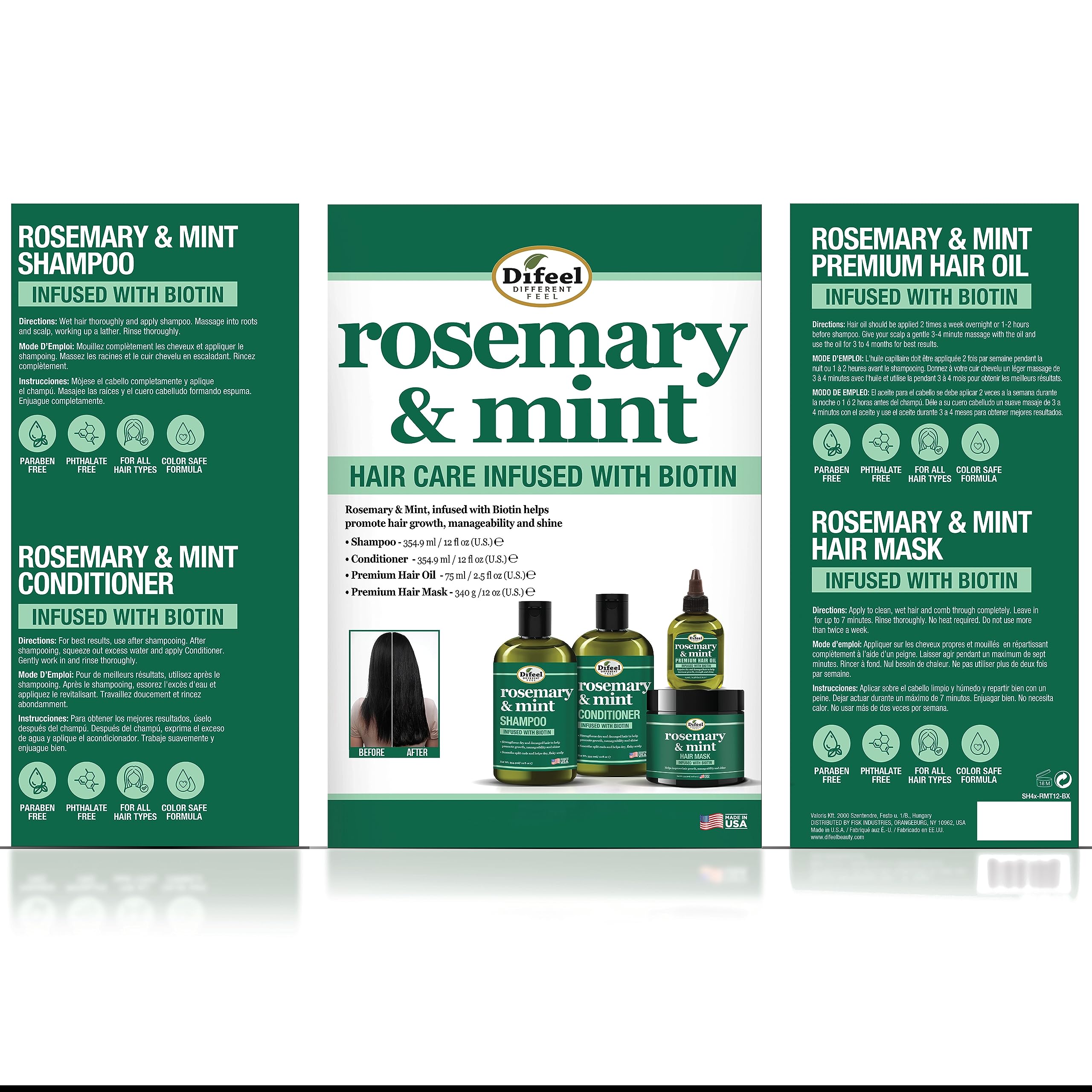 Difeel Rosemary Mint Hair Care Collection on display for daily routine.