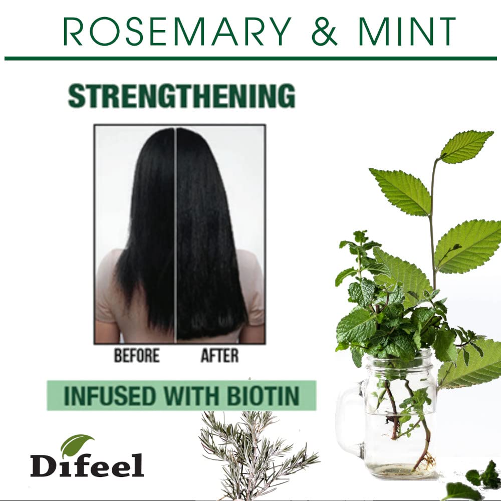 Difeel Rosemary & Mint Hair Oil label highlights Biotin and herbal ingredients.