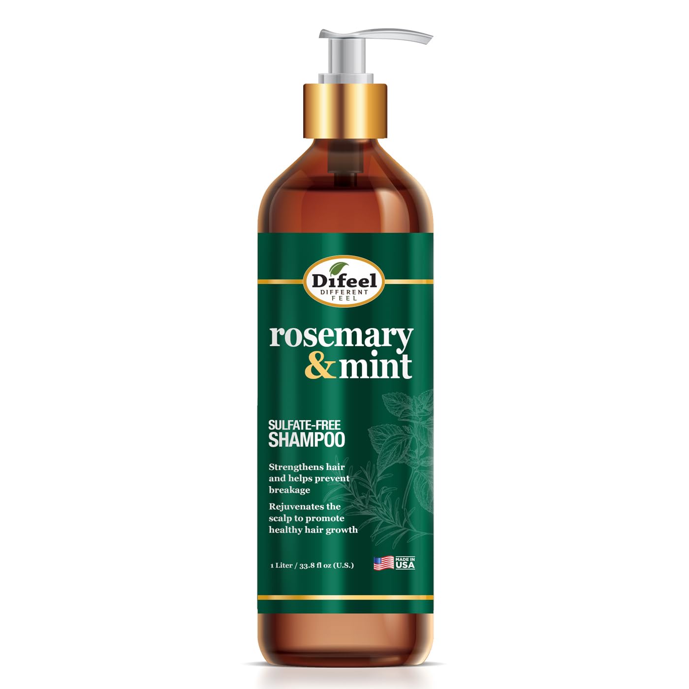 Difeel Rosemary Mint Shampoo bottle 33.8 oz for daily cleansing and growth support.