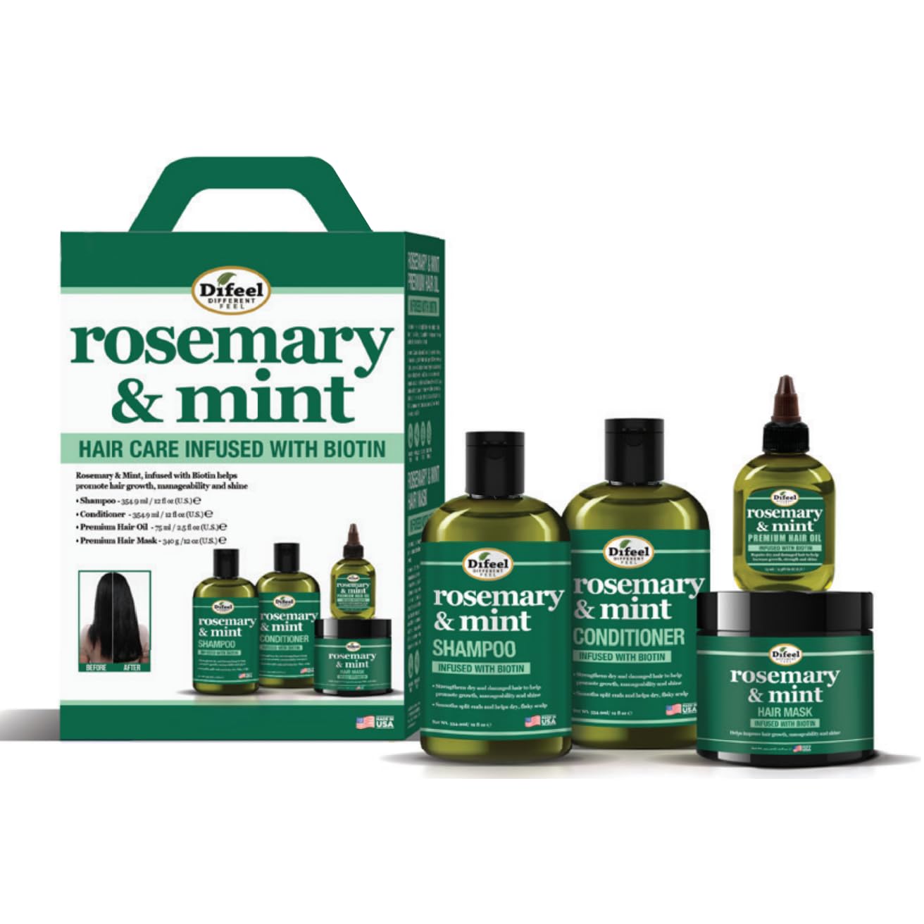 Difeel Rosemary Mint Shampoo bottle promotes stronger hair and easy cleansing.