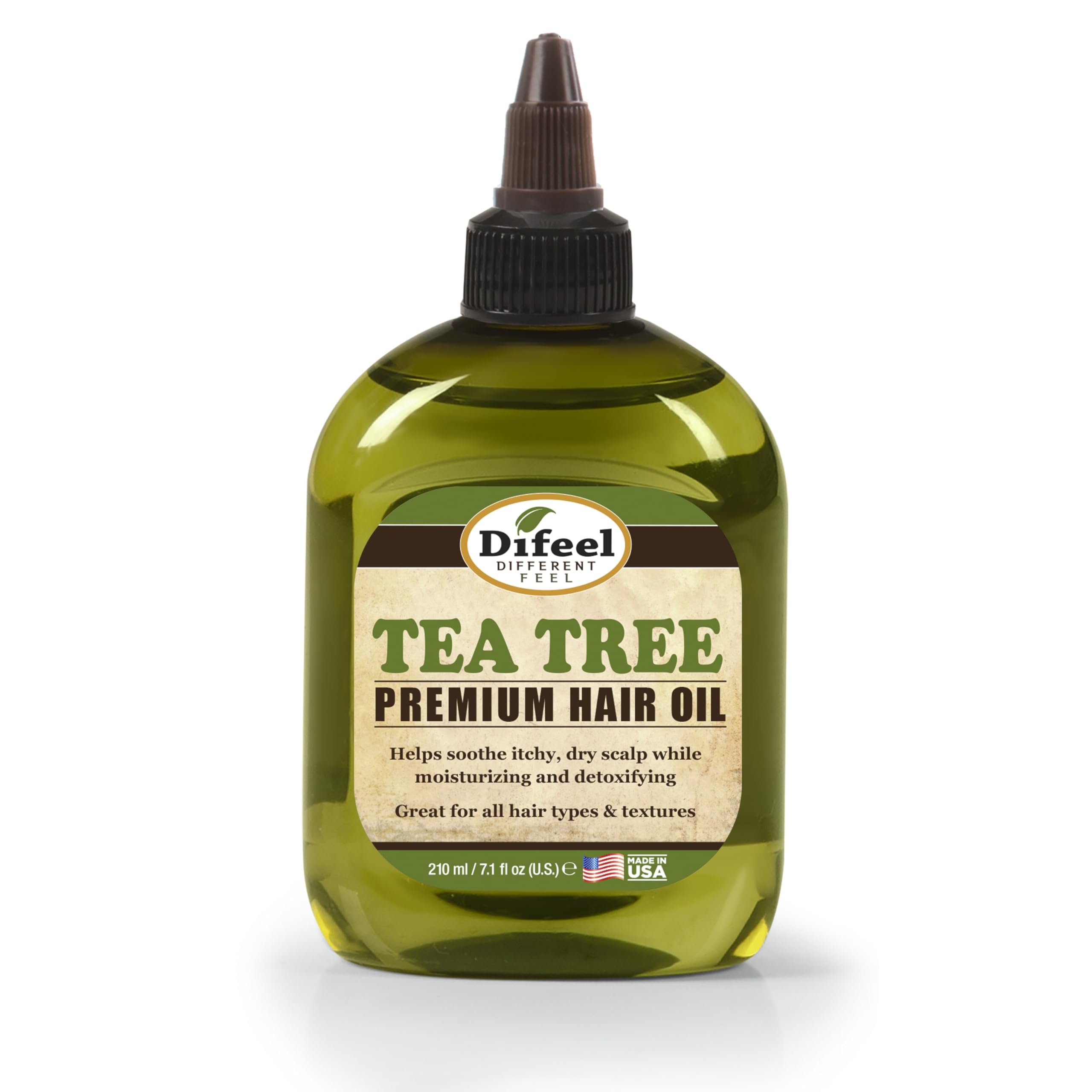 Difeel Tea Tree Oil bottle nourishes hair follicles and scalp.
