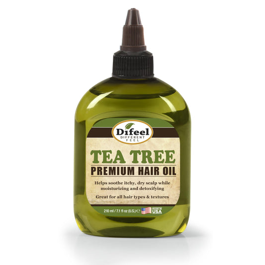Difeel Tea Tree Oil bottle nourishes hair follicles and scalp.