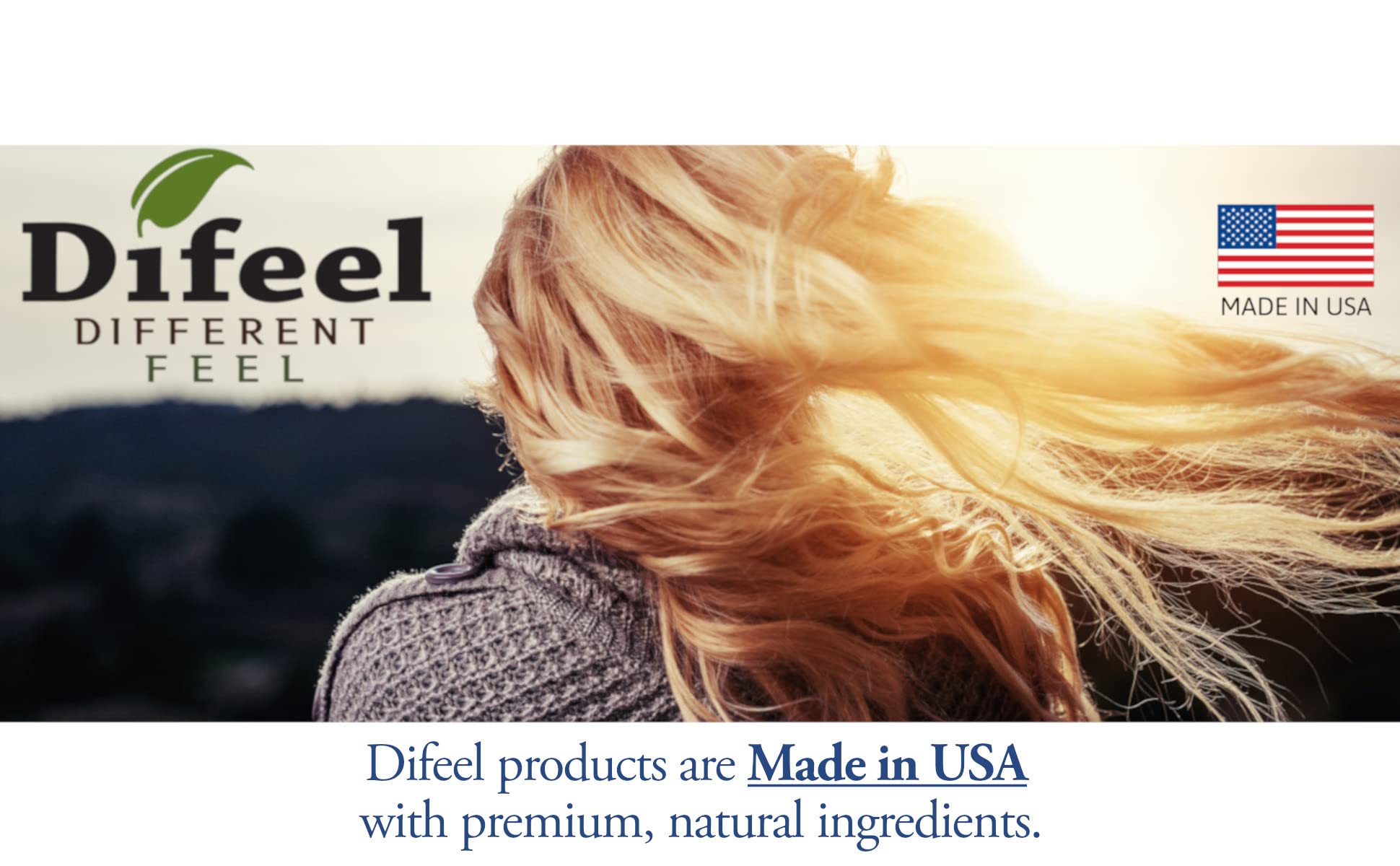 Difeel USA-made label on shampoo highlights clean, premium formula.