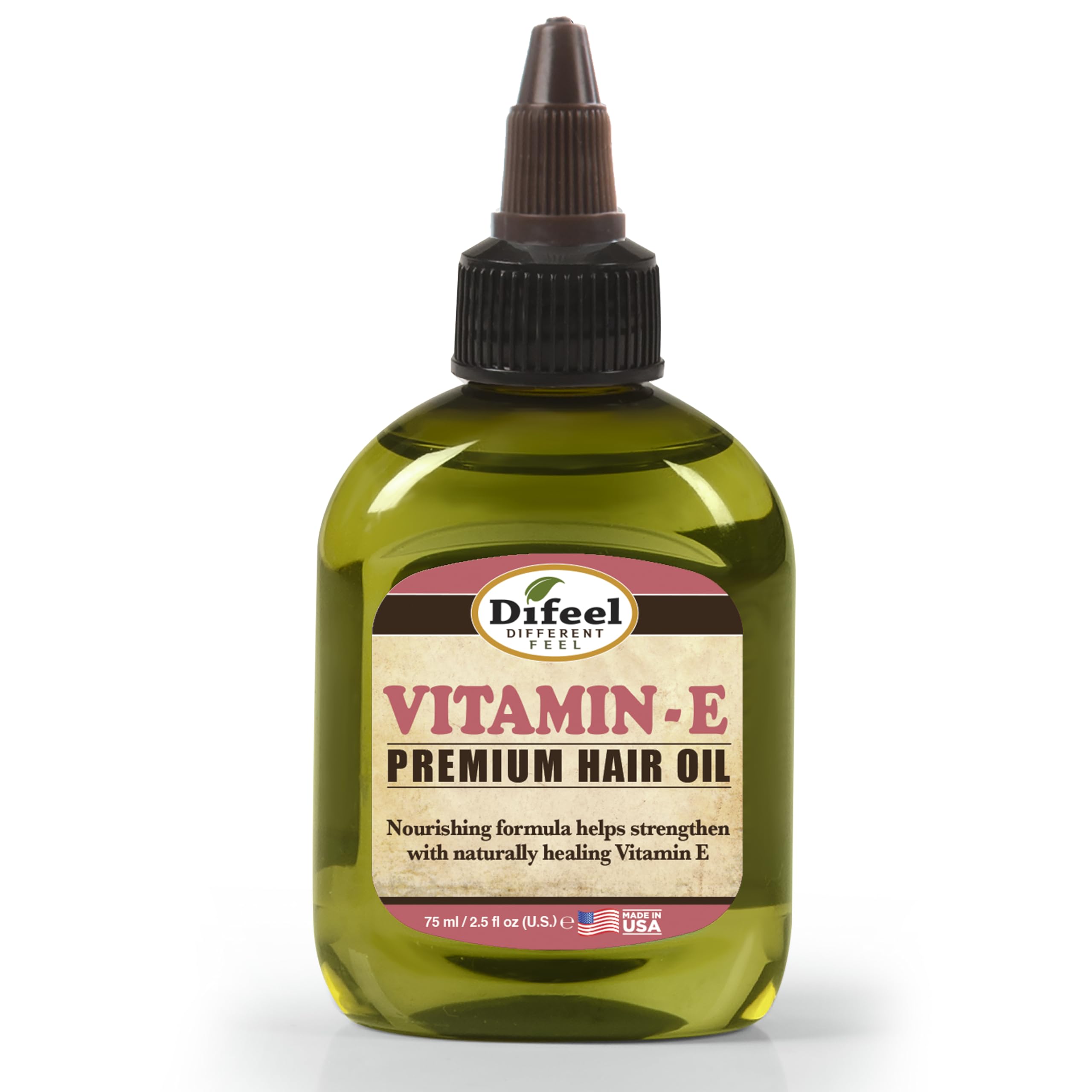 Difeel Vitamin E Premium Hair Oil bottle close-up for shine and smoothness