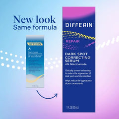 Differin dark spot serum bottle close-up, precise dropper enables controlled application.