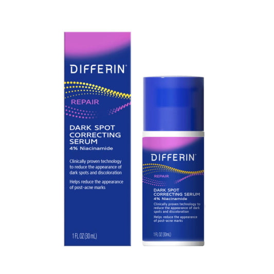 Differin dark spot serum bottle front, premium packaging for daily use.