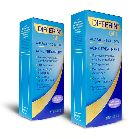 Differin gel bottle close-up; Rx-strength acne treatment for clearer pores and smoother skin.