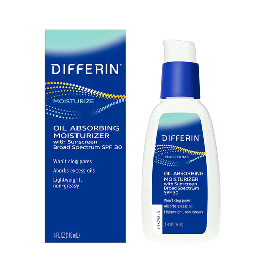 Differin Oil Absorbing Moisturizer SPF 30 bottle close-up showing oil-control and sun protection
