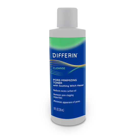 Differin Witch Hazel Toner bottle showcasing pore-minimizing formula for clear skin prep.