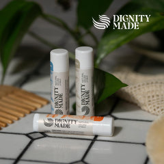 Dignity Coconuts lip balm packaging close-up in a five-pack set.
