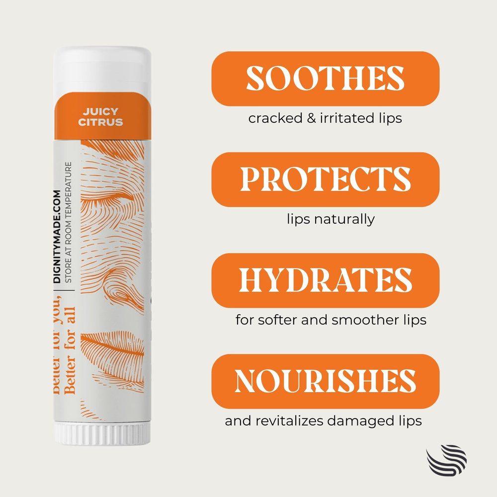 Dignity Coconuts peppermint lip balm close-up for a cooling, fresh feel.