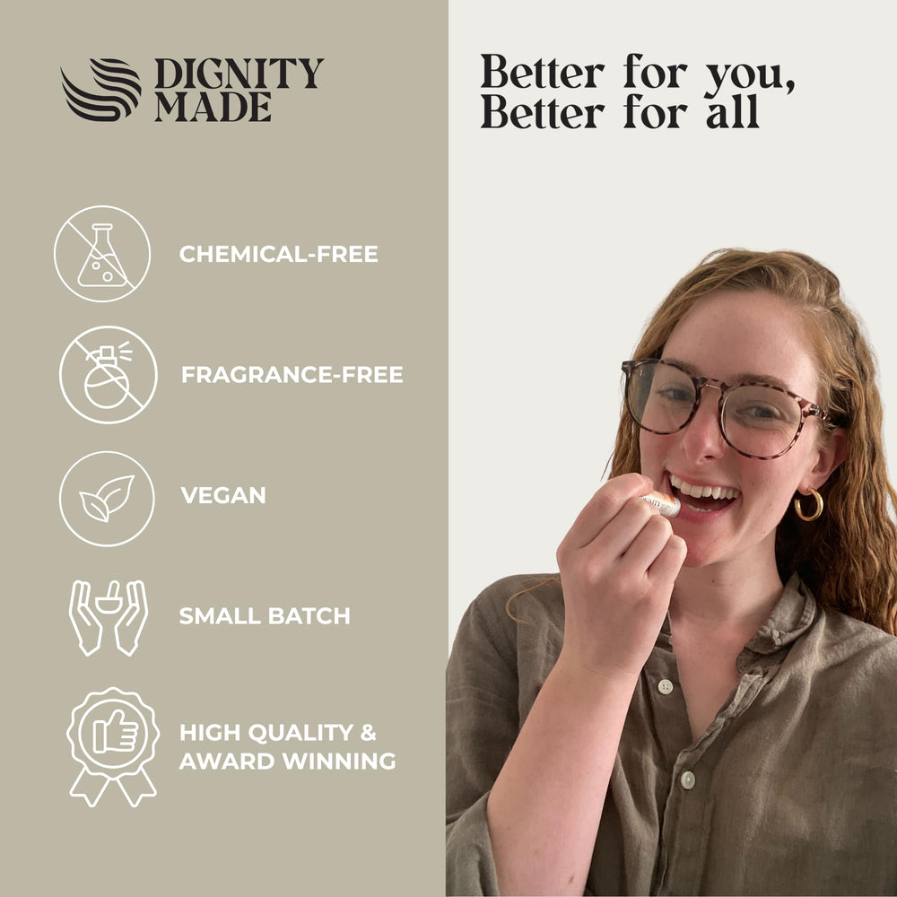 Dignity Coconuts vanilla label close-up on lip balm tube.