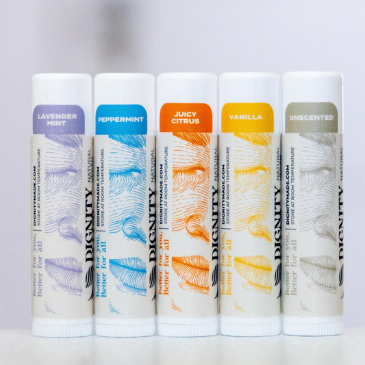 Dignity Coconuts lip balm vanilla close-up showing rich moisture for soft lips.