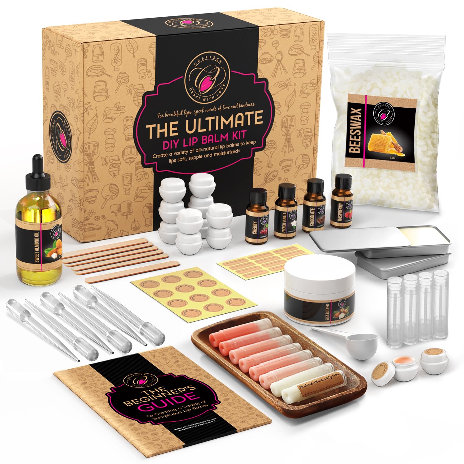 DilaBee CraftZee premium lip balm kit laid out with beeswax, shea butter, and oils.