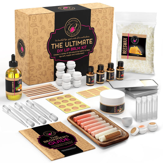 DilaBee CraftZee premium lip balm kit laid out with beeswax, shea butter, and oils.