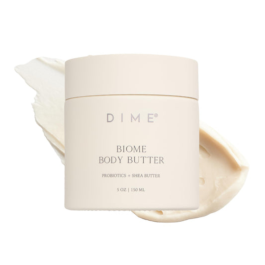 DIME Biome Body Butter jar with whipped texture for deep hydration and non-greasy finish.