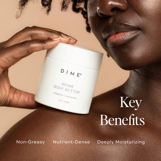 DIME Biome Body Butter texture close-up showing creamy formula ready for daily use.