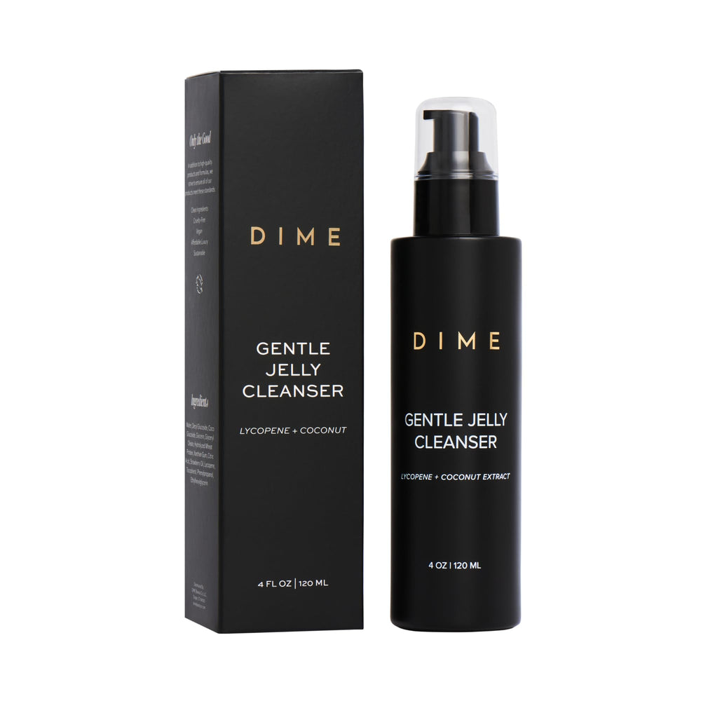 DIME Beauty Gentle Jelly Cleanser bottle pour demonstrates a gentle cleanse for sensitive skin.