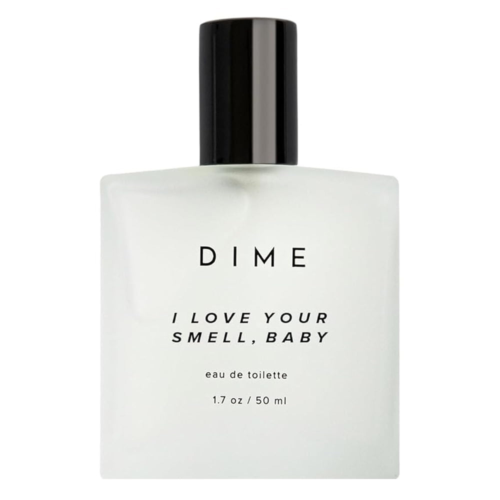 DIME Beauty I Love Your Smell Baby bottle closeup, fresh daily wear fragrance.