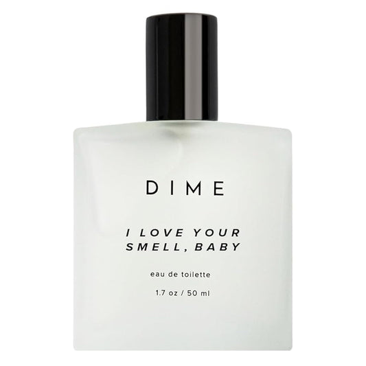 DIME Beauty I Love Your Smell Baby bottle closeup, fresh daily wear fragrance.