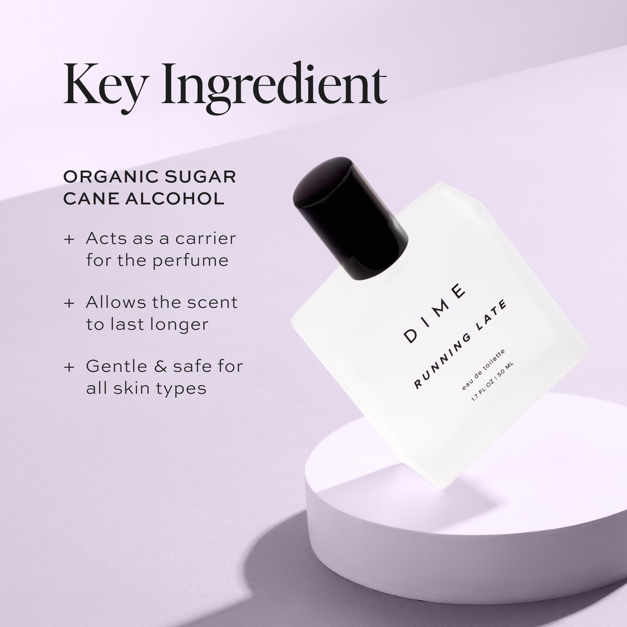 DIME Running Late perfume spray action demonstrating easy mist release