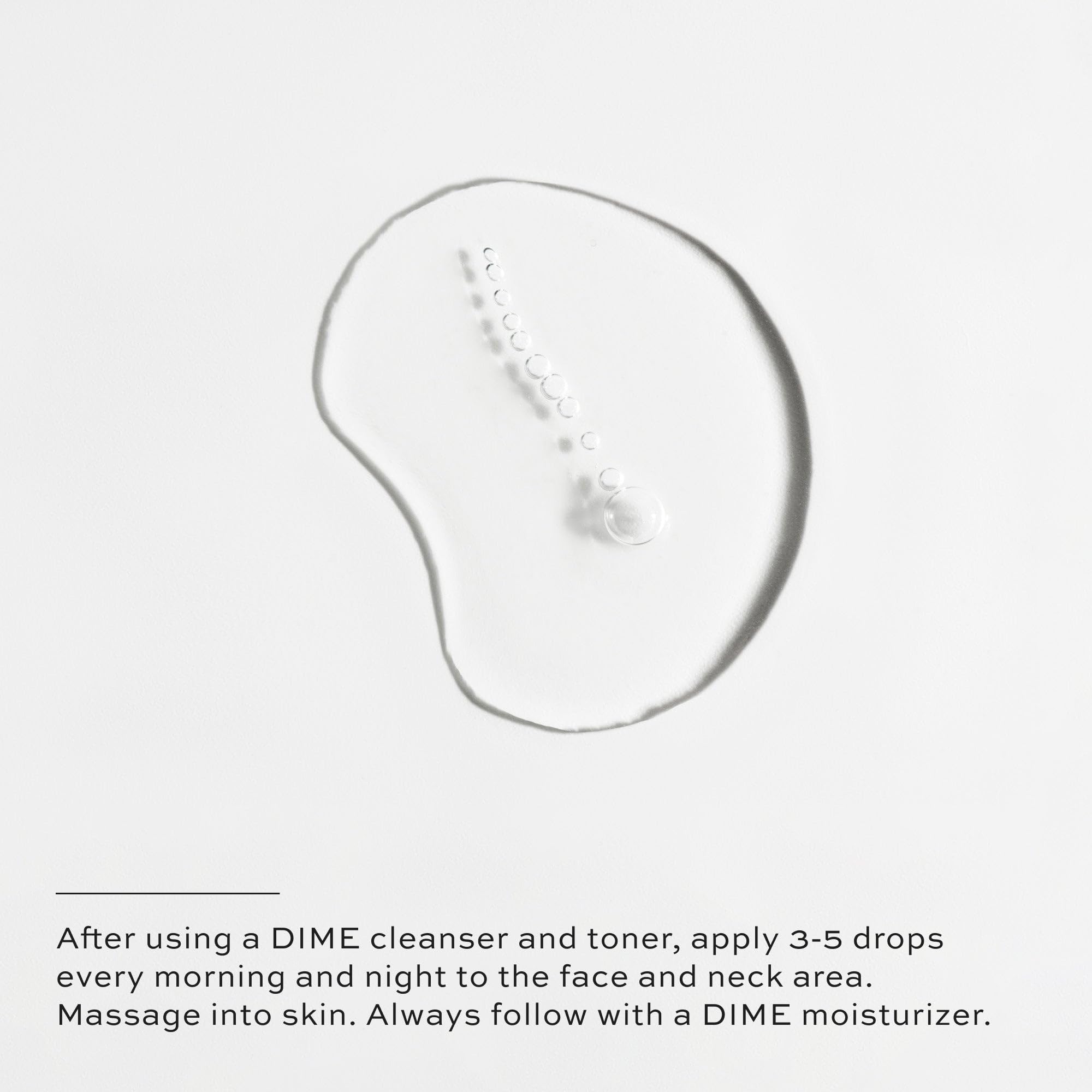 DIME Beauty TBT Serum glass bottle on skin showing smooth texture and absorption