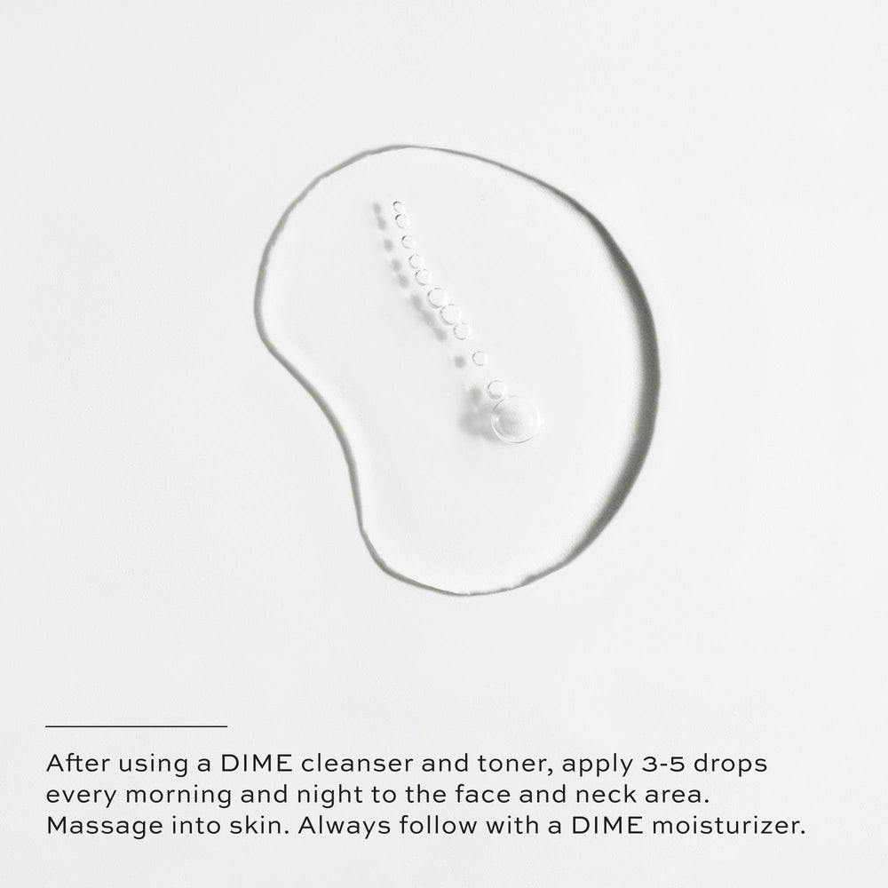 DIME Beauty TBT Serum glass bottle on skin showing smooth texture and absorption