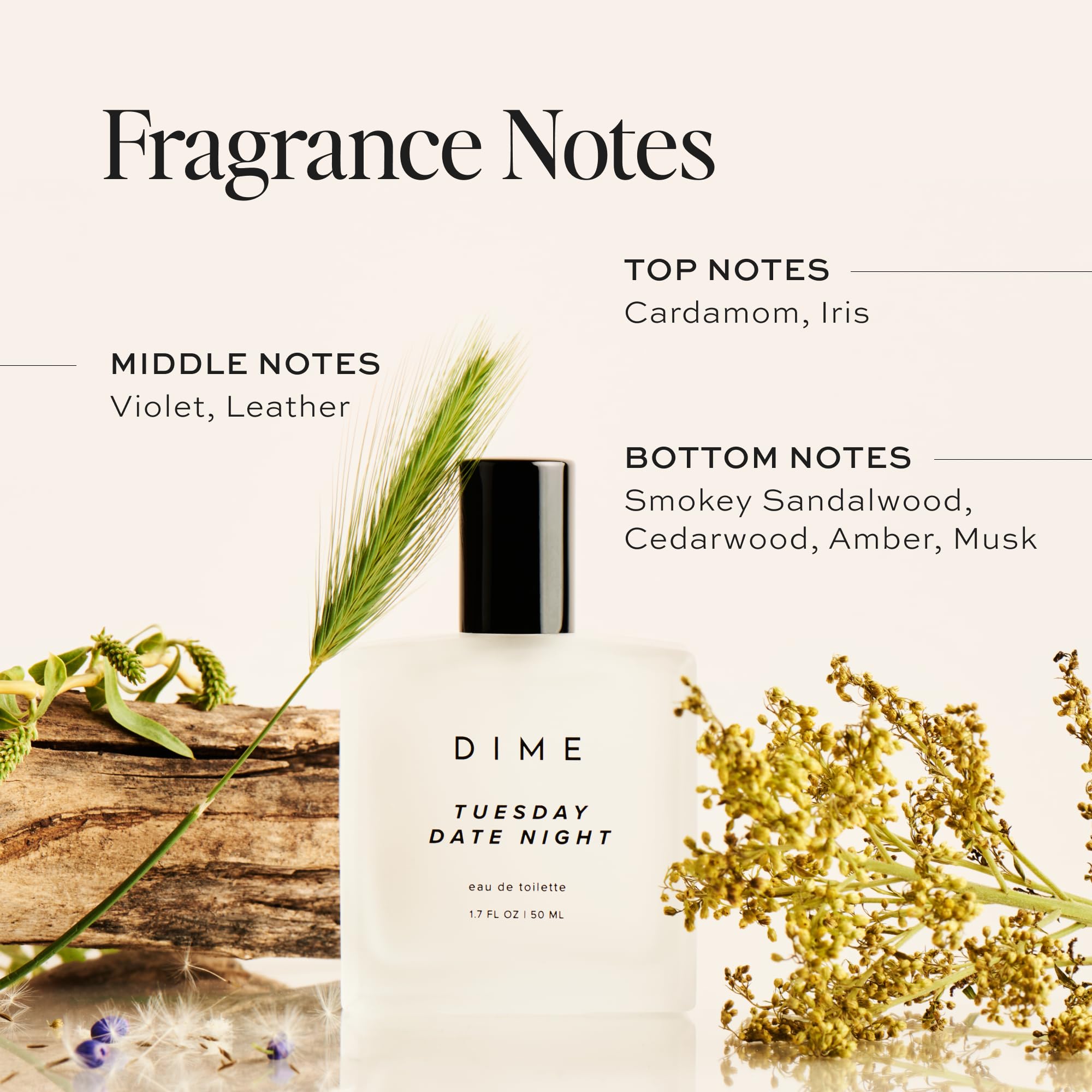 DIME Beauty Tuesday Date Night Perfume bottle top notes with iris and cardamom for a vibrant opening.