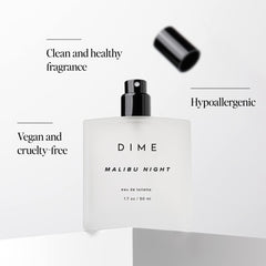 DIME Malibu Night packaging emphasizes sustainable box design and clean scent.