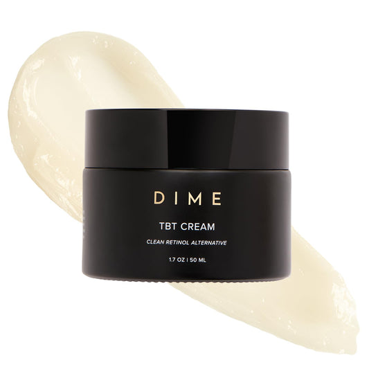 DIME TBT Cream jar close-up showing smooth, lightweight night moisturizer texture.