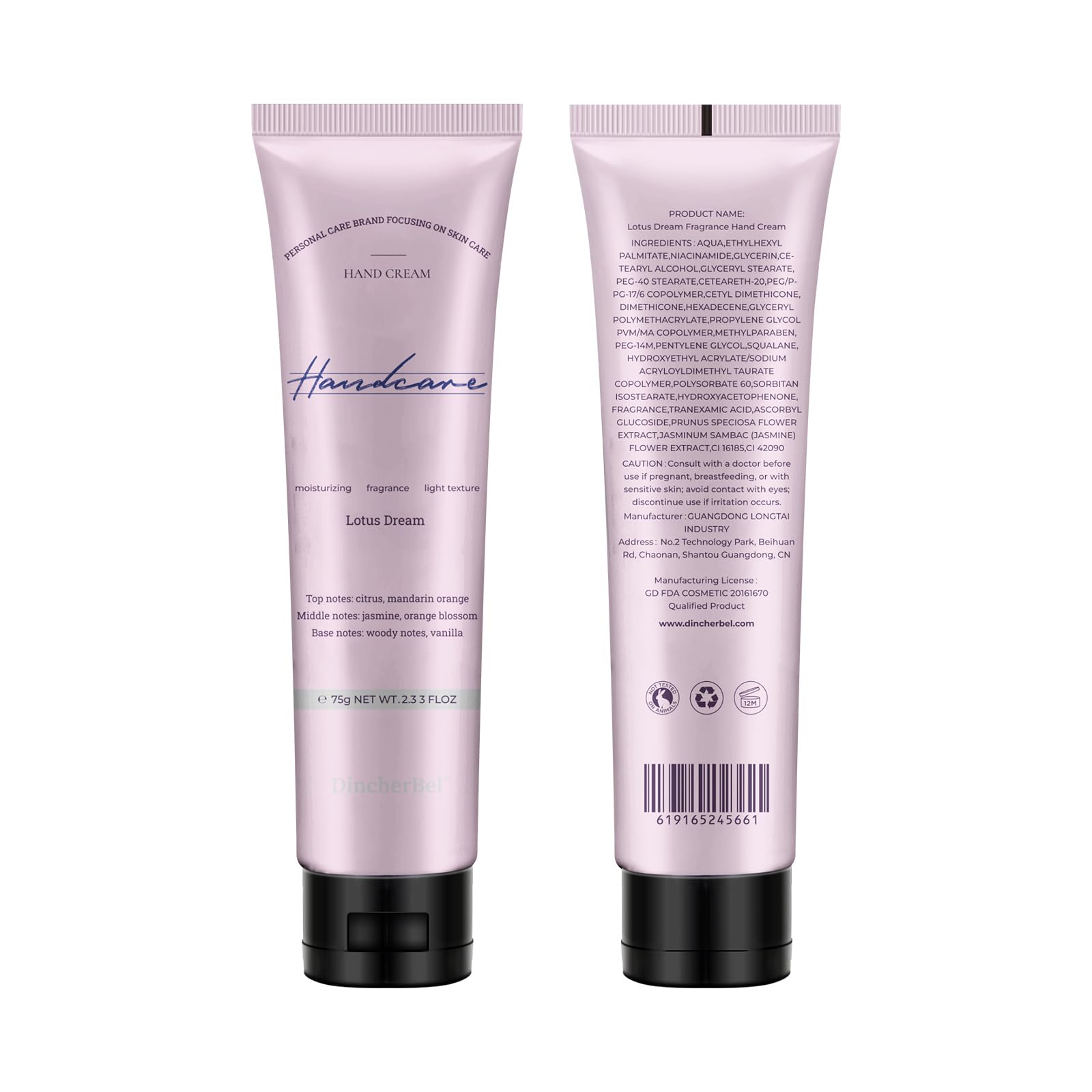 DincherBel Lotus Dream hand cream tube close-up shows creamy texture
