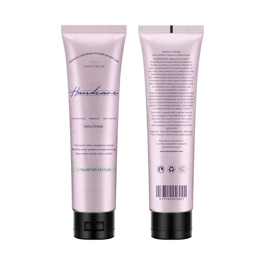 DincherBel Lotus Dream hand cream tube close-up shows creamy texture