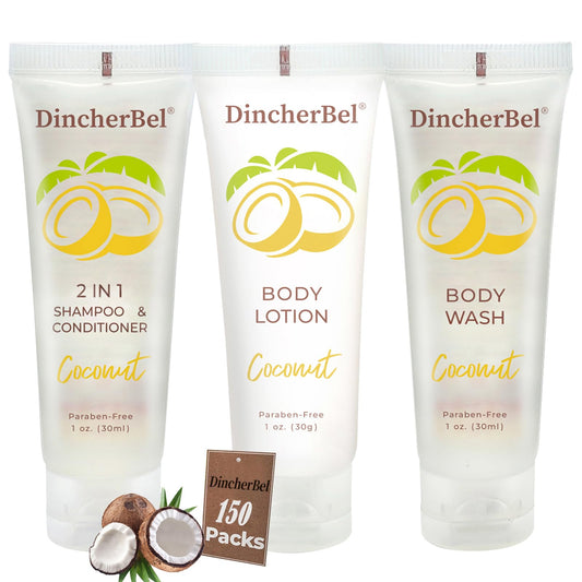 DincherBel 2-in-1 coconut shampoo-conditioner travel tube, foil-sealed for hygiene on the go.