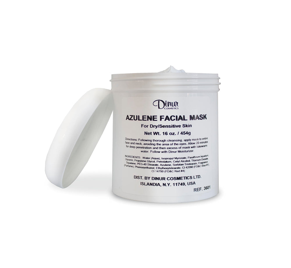 Dinur Cosmetics Azulene Mask application close-up shows easy smoothing on dry skin.