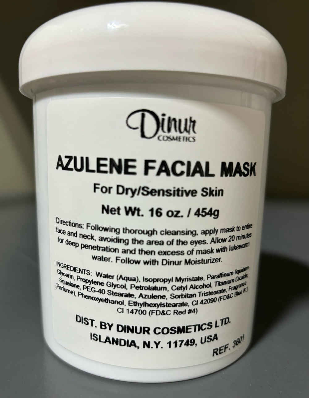 Dinur Cosmetics Azulene Mask on face demonstrates comfortable, soothing hydration during routine.