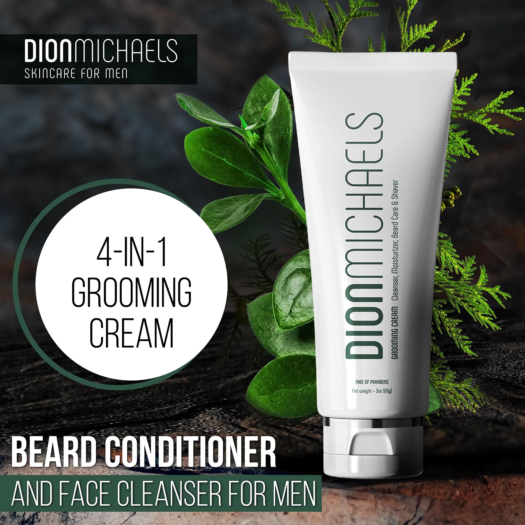 Dion Michaels 4-in-1 grooming cream close-up of beard softener for softer facial hair