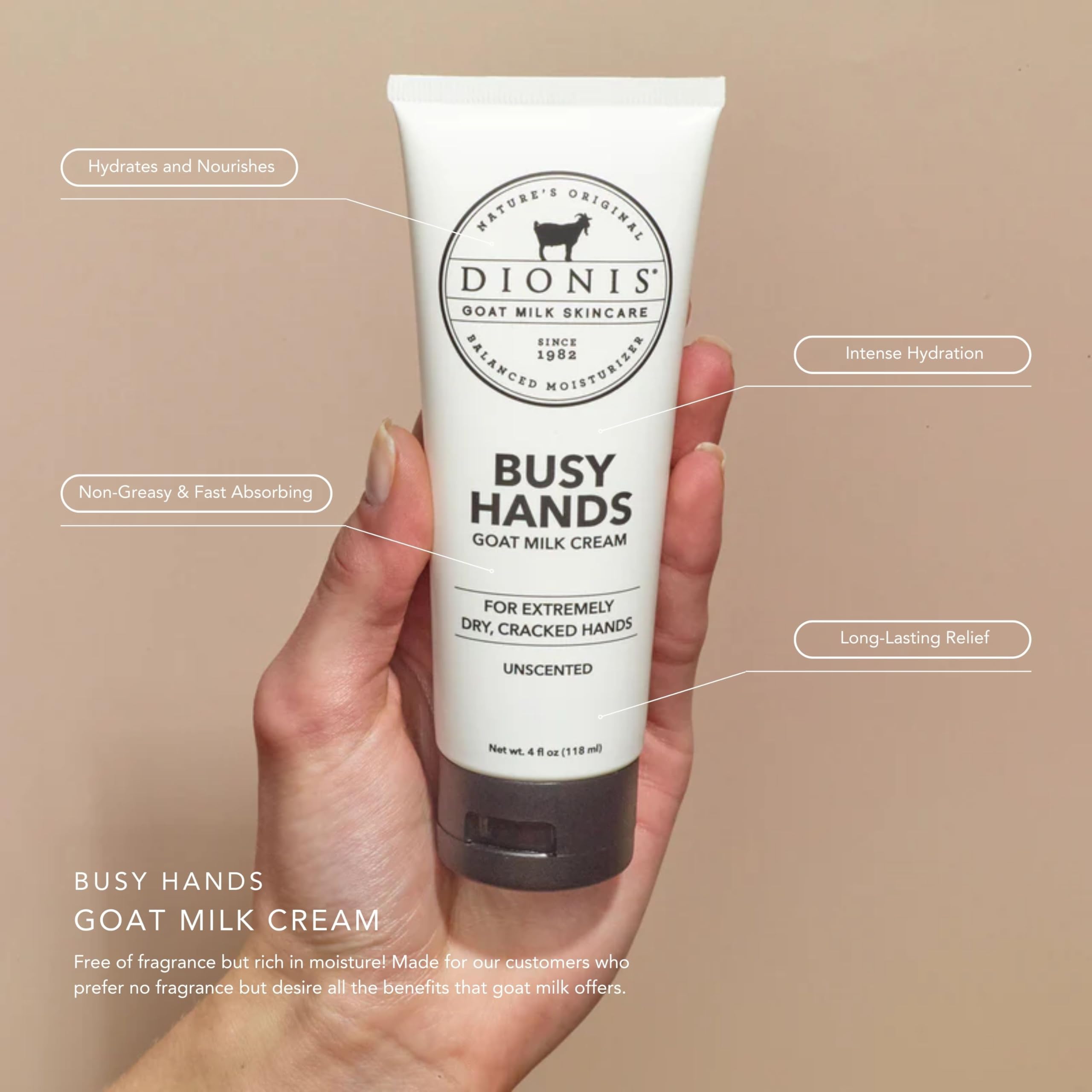 Dionis Busy Hands Cream texture swatch shows fast-absorbing formula