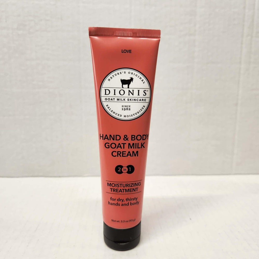 Dionis Goat Milk 2-in-1 Hand & Body Cream Love in a travel-friendly 3.3 oz tube, for moisturized skin.