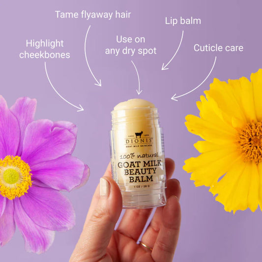 Dionis goat milk balm used to tame flyaways and smooth hair.