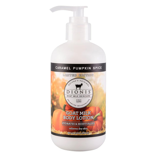 Dionis Goat Milk Body Lotion caramel pumpkin spice bottle for rich hydration.