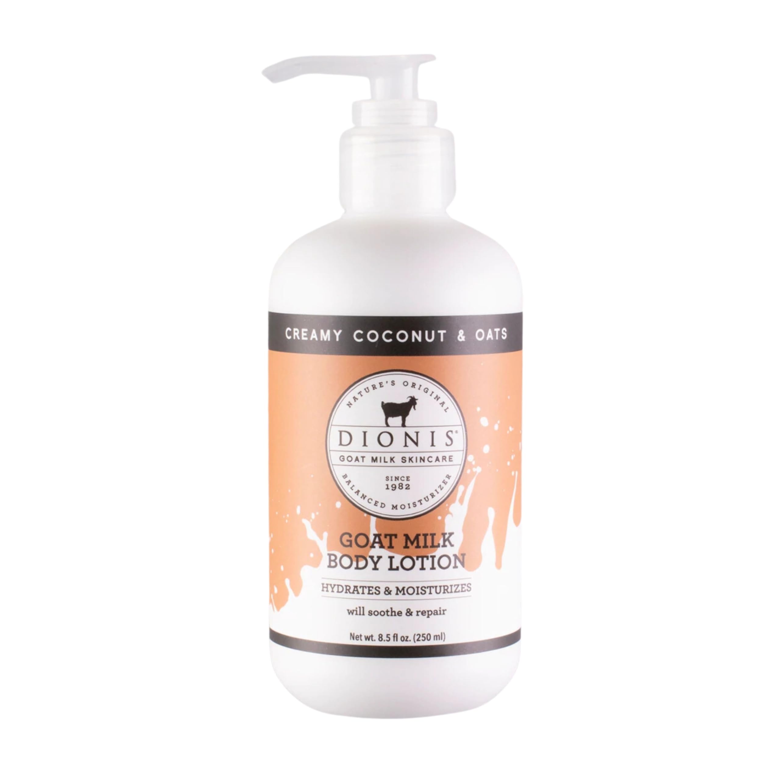 Dionis Goat Milk Body Lotion Coconut & Oats bottle front, rich hydration for daily skin comfort.