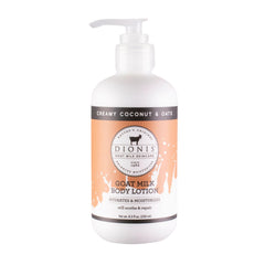 Dionis Goat Milk Body Lotion Coconut & Oats bottle front, rich hydration for daily skin comfort.