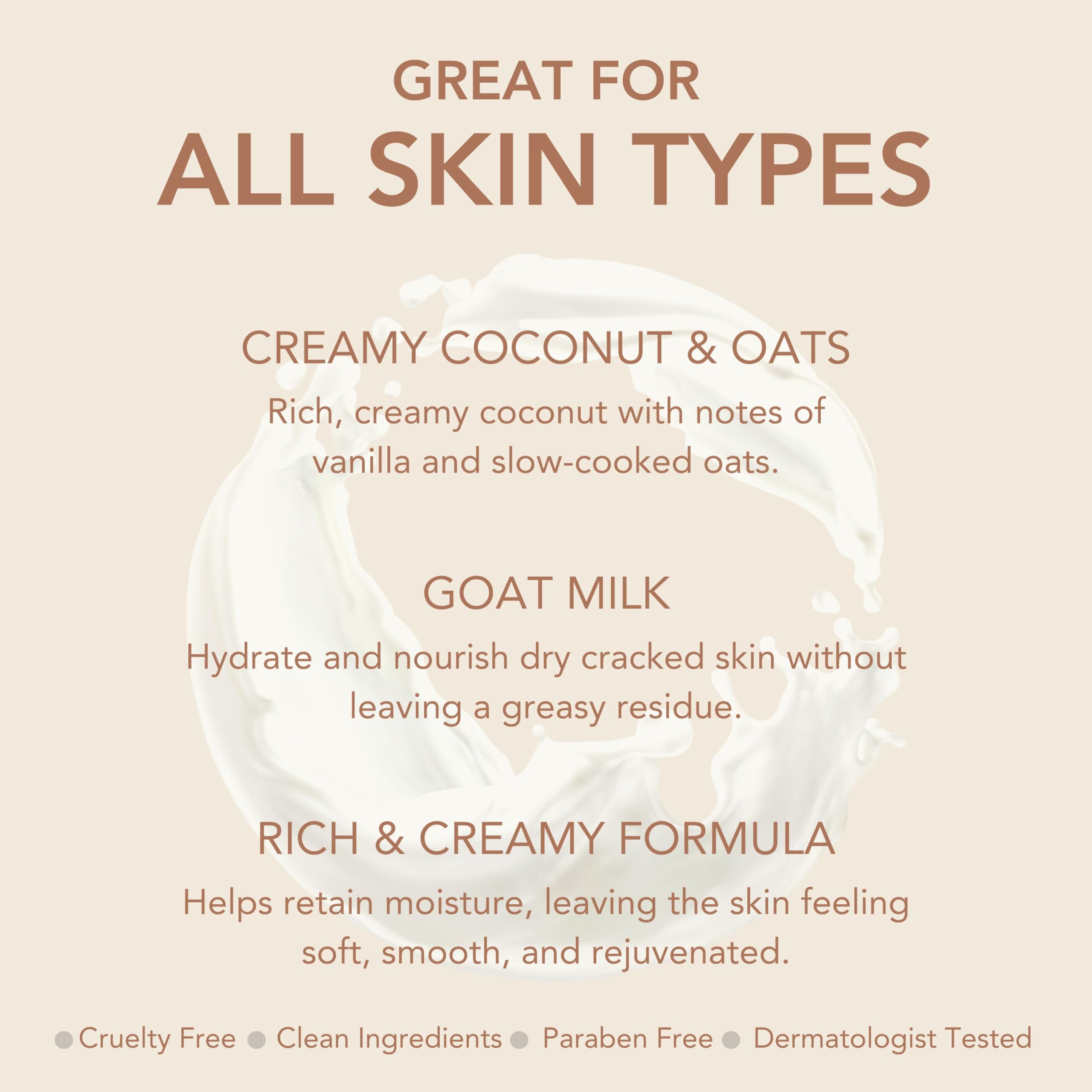 Ingredients note card featuring goat milk benefits and clean ingredients.