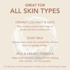Ingredients note card featuring goat milk benefits and clean ingredients.