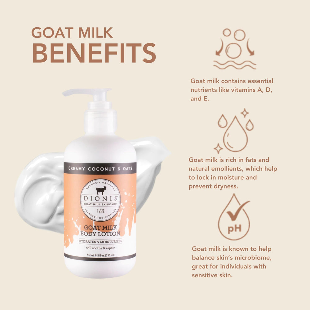 Dionis Goat Milk Body Lotion Coconut & Oats texture close-up, creamy richness without greasiness.