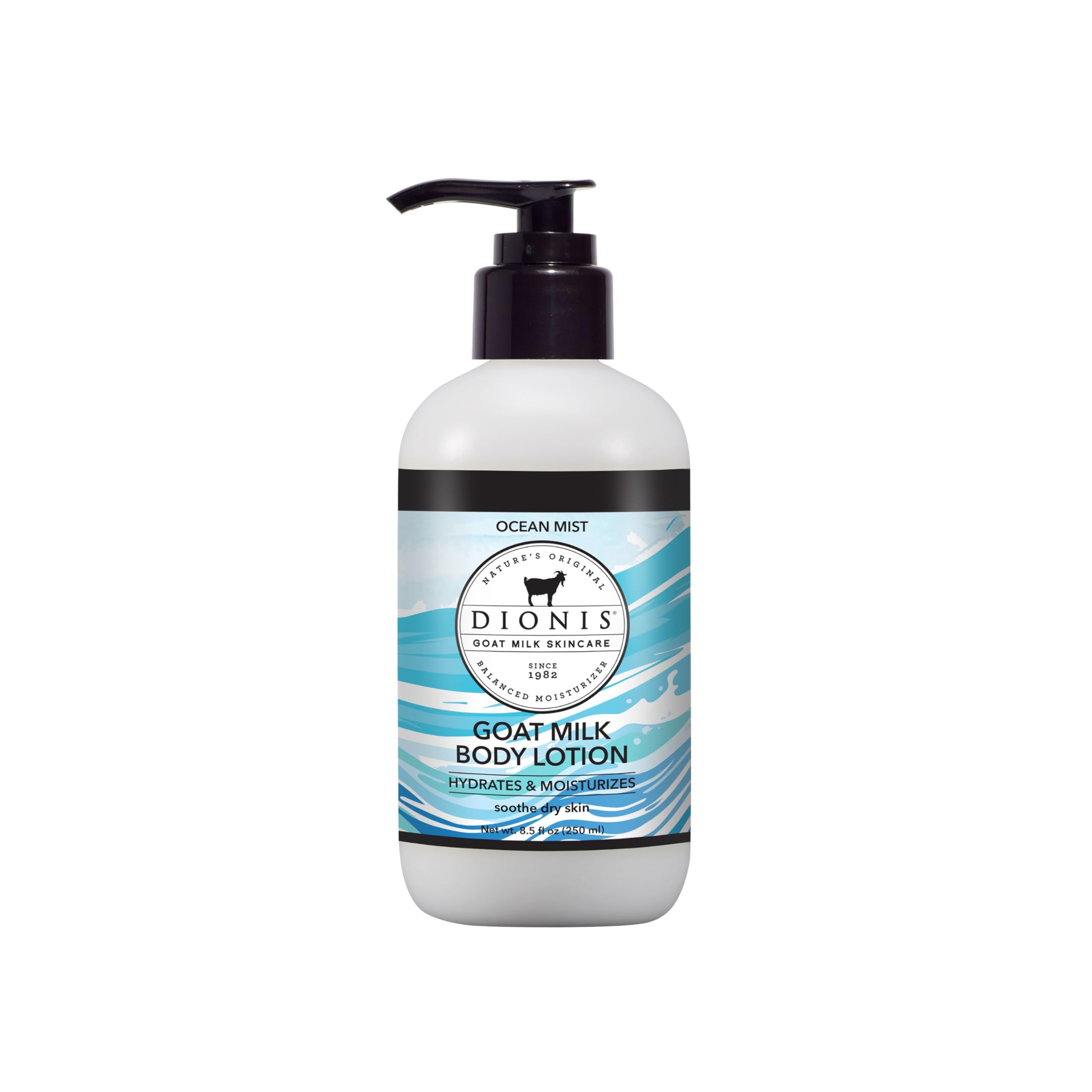 Dionis Goat Milk Body Lotion Ocean Mist bottle shows hydrating moisture.