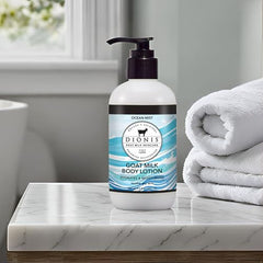 Dionis Goat Milk Lotion pump shown for easy daily moisturizing.